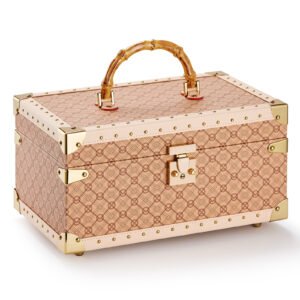 Elegant vintage-inspired custom jewelry box with bamboo handle and gold clasp