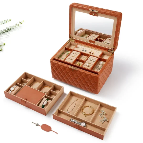 tan vegan leather jewelry box with mirror and drawers