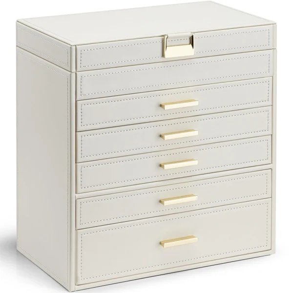 luxury 6-layer custom jewelry box organizer in cream with gold handles