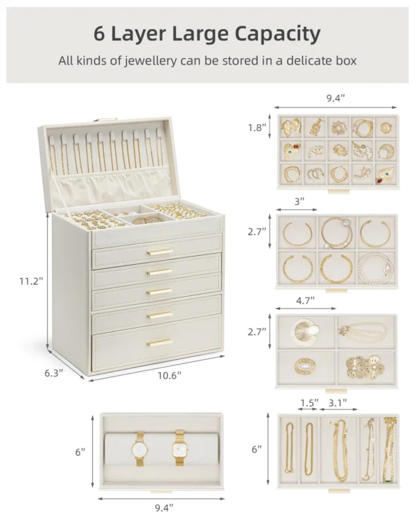 Luxury 6-Layer Custom Jewelry Box Organizer (Cream/Gold) — OEM/ODM - Image 2